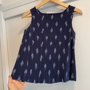 EILEEN FISHER Navy Blue Ikat Print Button Back Tank Top Size S